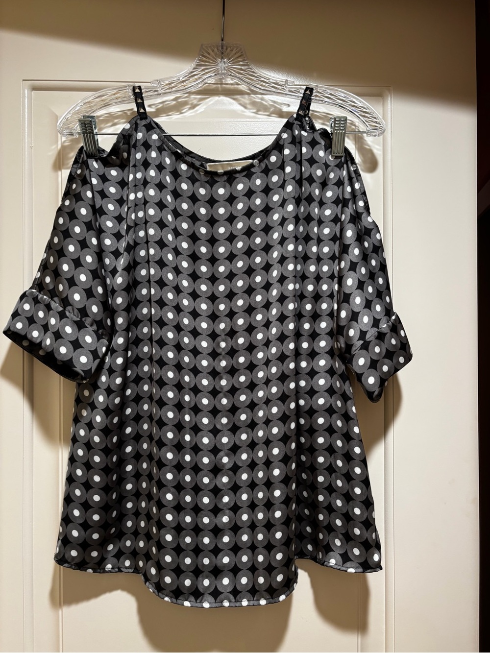 Michael Kors Black Top with White Polka Dot Cold-Shoulder Detail